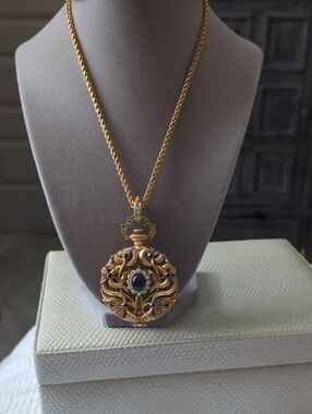 Gold-Tone Filigree Pendant Necklace with Blue Gemstone And Watch Inside And Pin